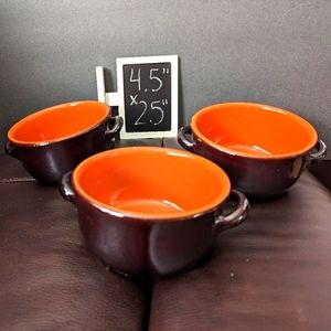 Vintage redware brown/ orange glazed crockery soup bowls with handles lot‎ of 3